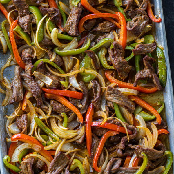 Sheet Pan Steak Fajitas on a sheetpan.