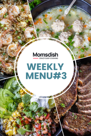 Image of several food meals and weekly menu writing in the center.