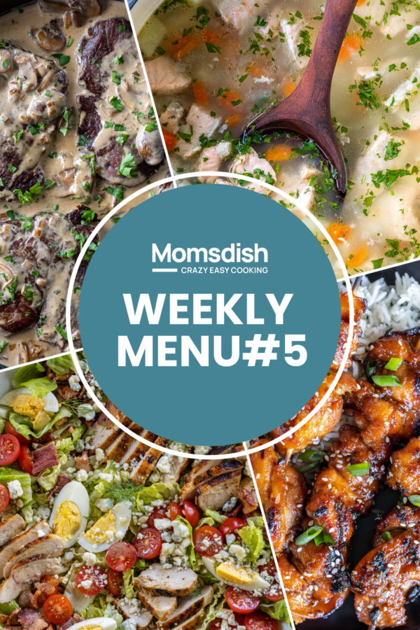 Image of several food meals and weekly menu writing in the center.