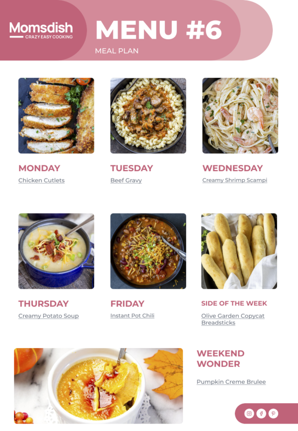 Weekly menu meals on one page. 