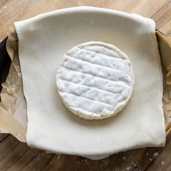 Brie in the center of puff pastry.