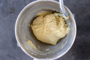 Kneaded dough in a mixing bowl.