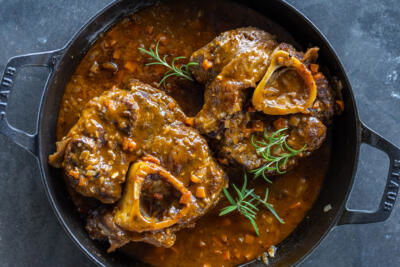 Serving dish with Osso Buco .