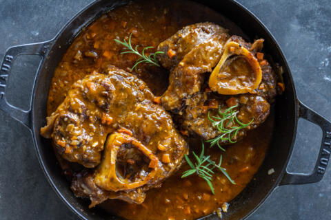 Serving dish with Osso Buco .