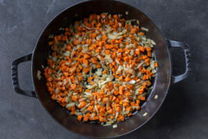 Cooking veggies in a pan.