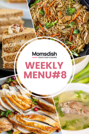 Images of four different dishes with writing in the center.
