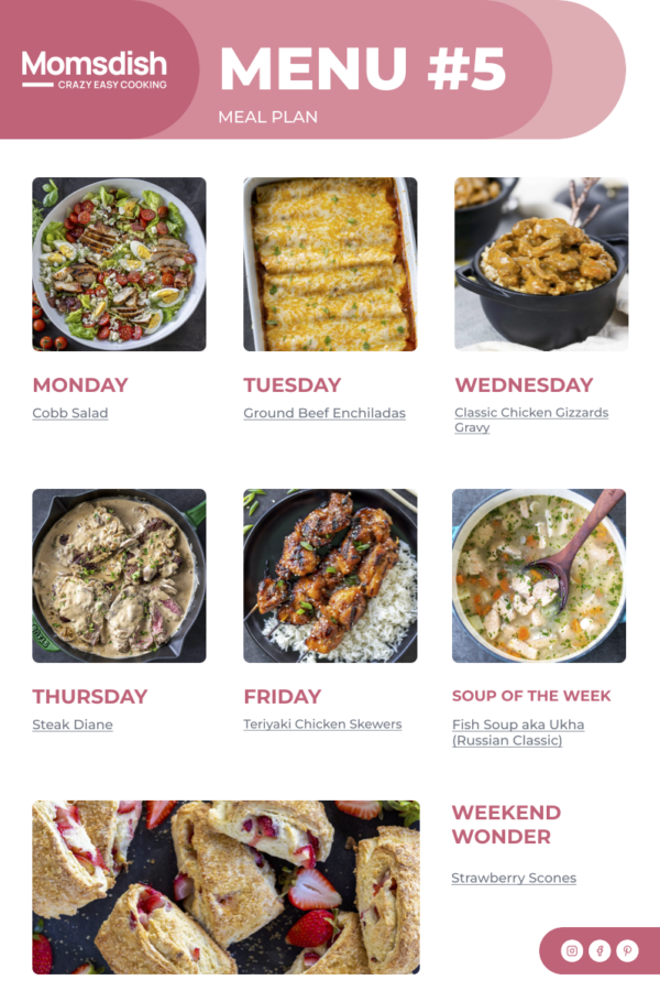 Images of four different dishes with writing in the center.