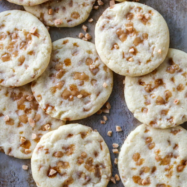 Butter Toffee Cookies on a baking sheet.