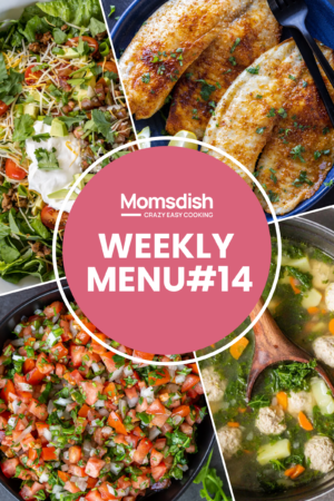 Images of four different dishes with writing in the center.