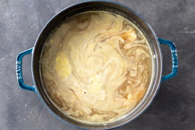 All the ingredients in a pot for Chicken Barley Soup.