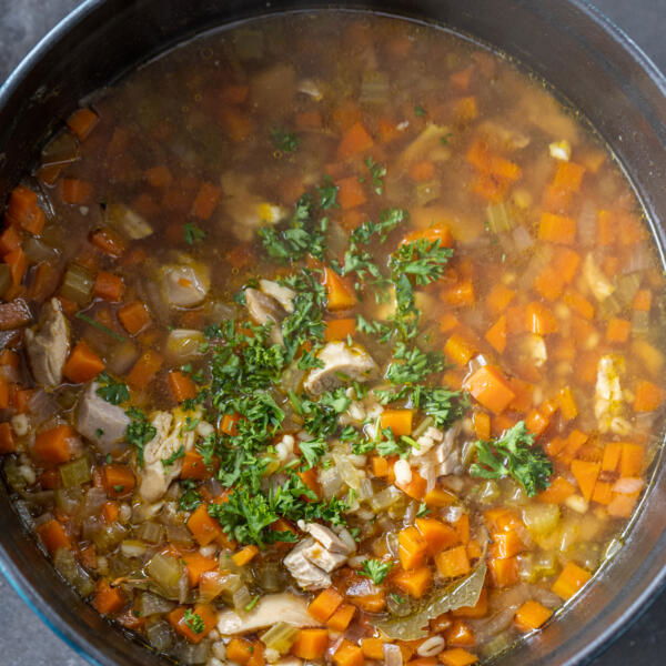 Chicken Barley Soup in a pot.