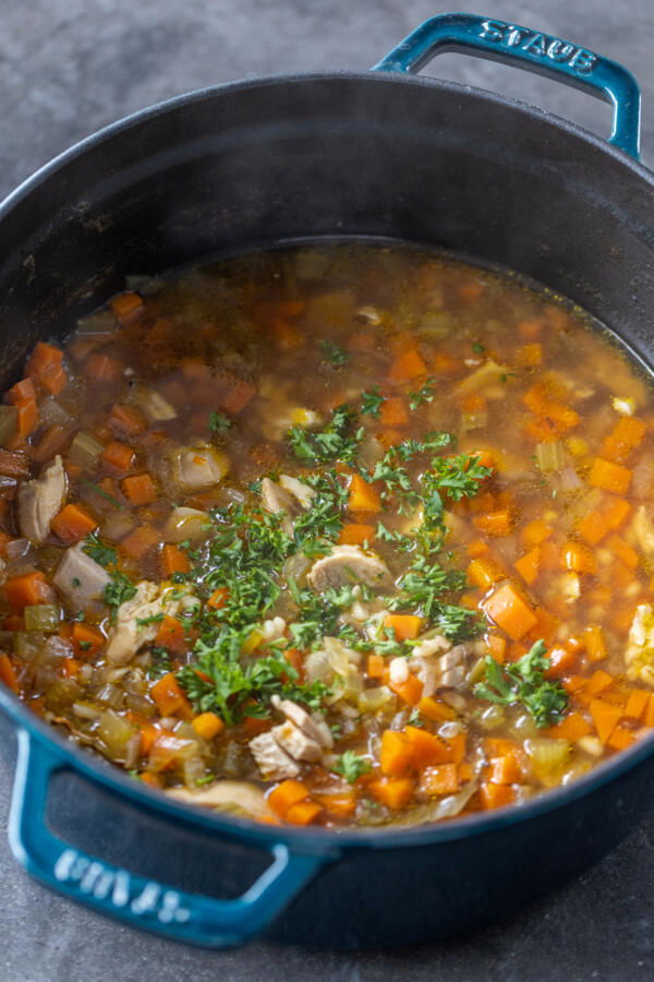 Pot of Chicken Barley Soup.