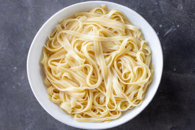 Cooked pasta in a bowl.