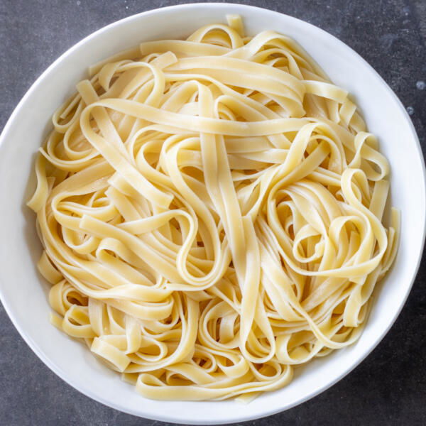 Cooked pasta in a bowl.