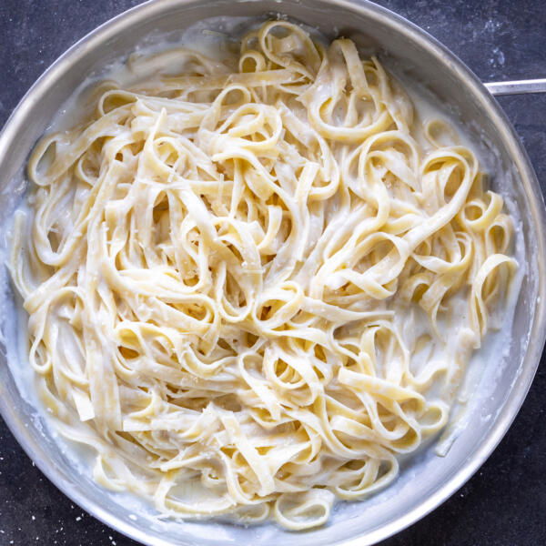 Cottage Cheese Alfredo in a pan.