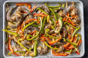 Shrimp and onion, bell pepper.
