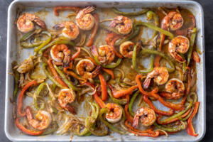 Baked shrimp and veggies.