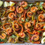 Sheet Pan Shrimp Fajitas with herbs.