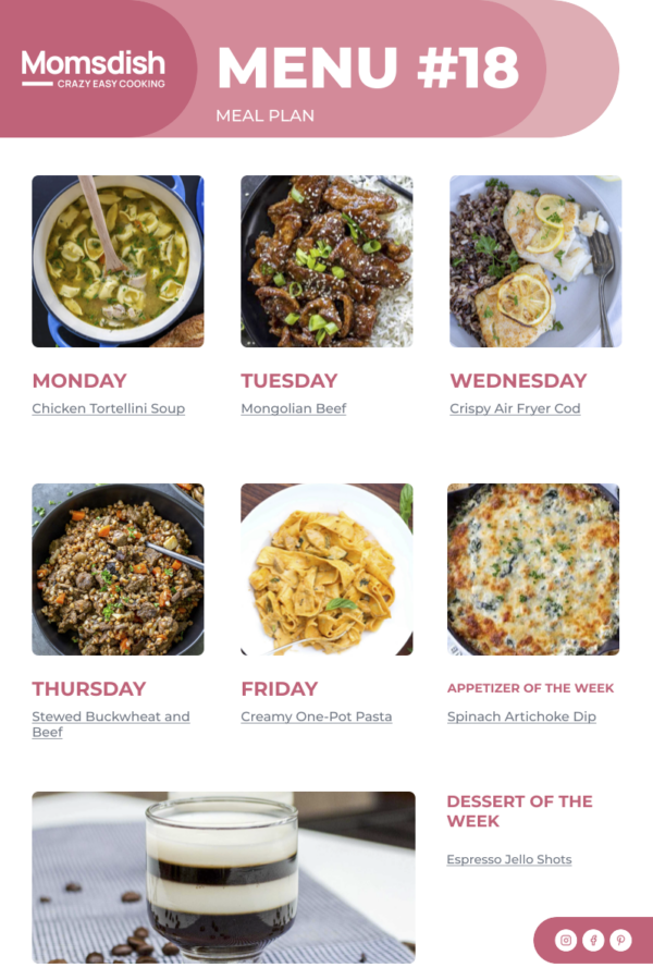 Weekly Menu items for all week.