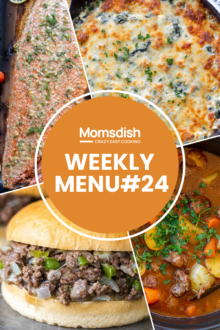 Images of four different dishes with writing in the center.