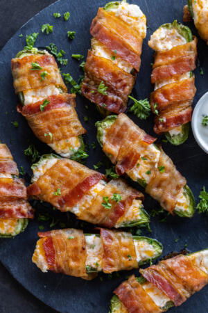 Serving tray with Bacon Wrapped Jalapeño Poppers.