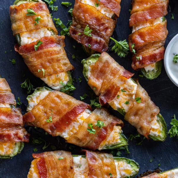 Serving tray with Bacon Wrapped Jalapeño Poppers.