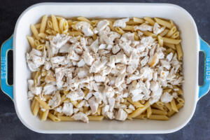 Pasta and chicken in a pan.