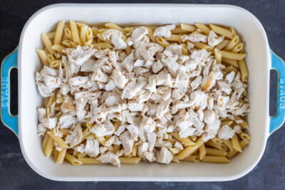 Pasta and chicken in a pan.