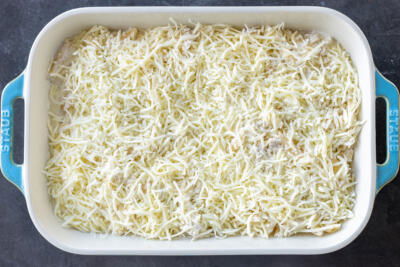 Chicken Alfredo in a pan with cheese on top.