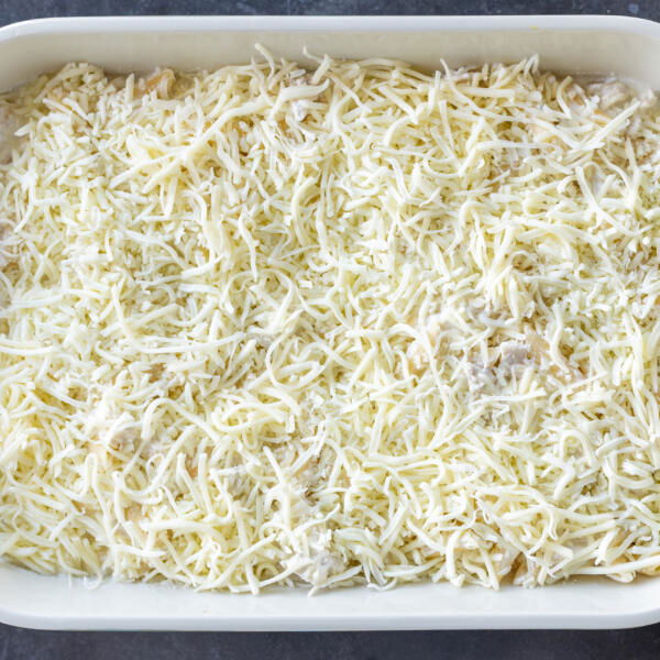 Chicken Alfredo in a pan with cheese on top.