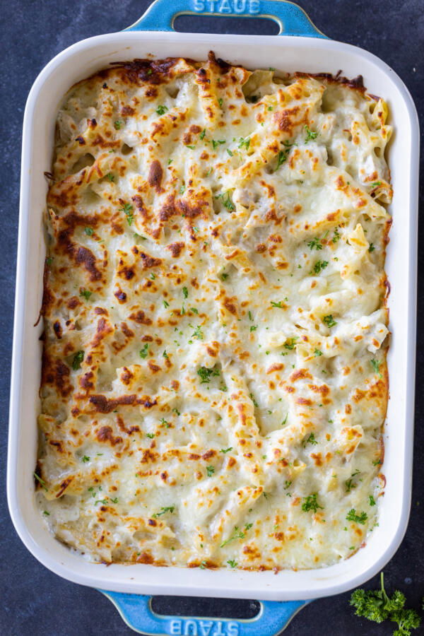 Baked Chicken Alfredo in a pan.