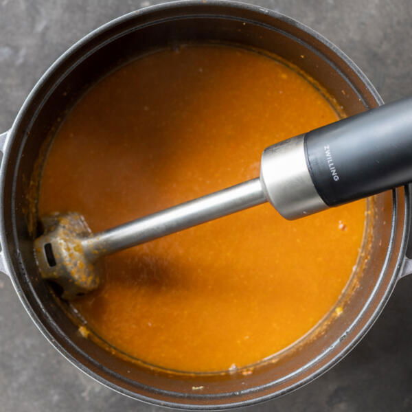 Blended sou base in a pot.