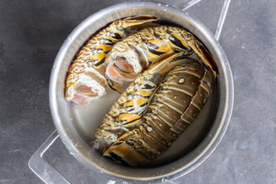 Lobster shell in a pot with water.