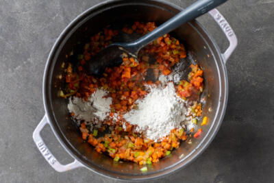 Cooked veggies with flour and tomato paste.