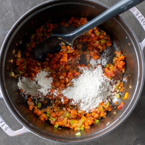 Cooked veggies with flour and tomato paste.