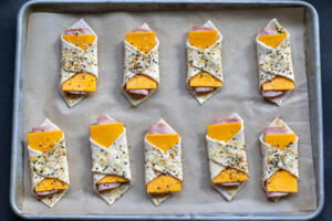 Ham and Cheese Puff Pastry on a baking sheet.