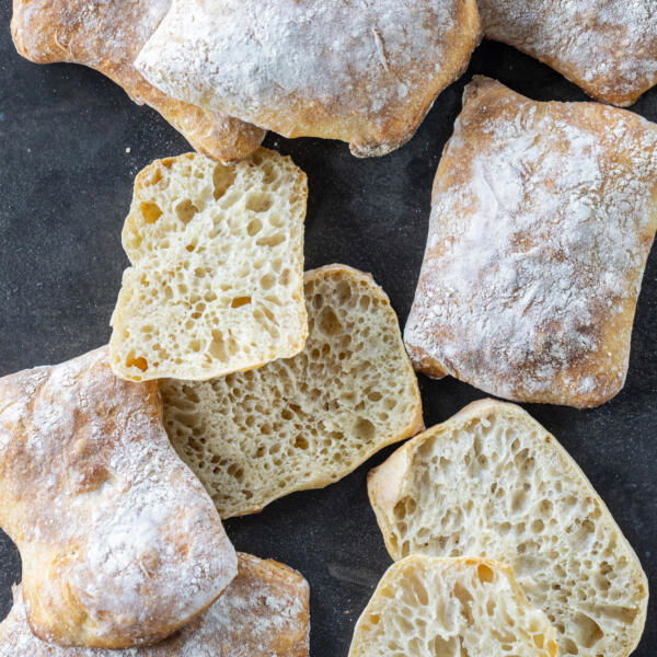 Sourdough Ciabatta cut open.