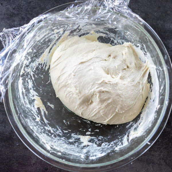 Dough after the stretch and fold in a bowl.
