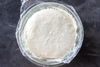 Bubbly Ciabatta dough in a bowl.