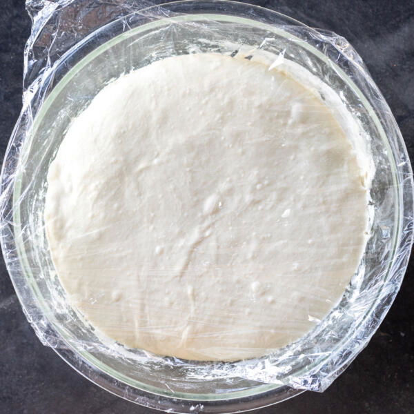 Bubbly Ciabatta dough in a bowl.
