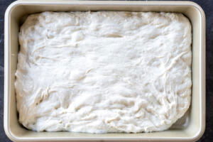 Bubbly dough in a pan.