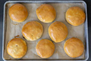 Baked Bierocks on a baking sheet.