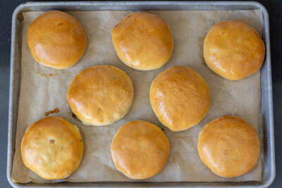 Baked Bierocks on a baking sheet.