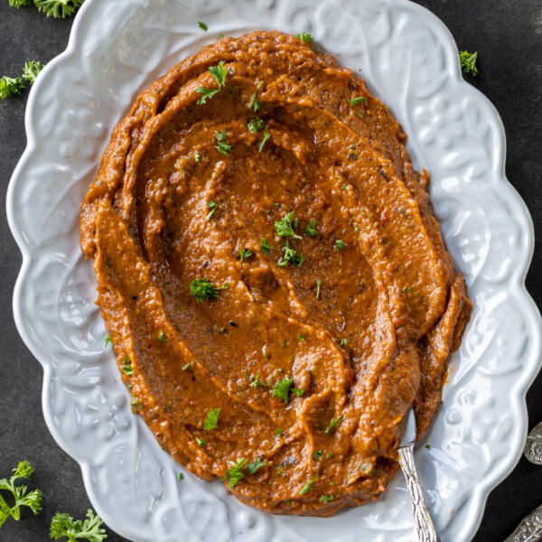 Eggplant Pepper Dip on a platter.