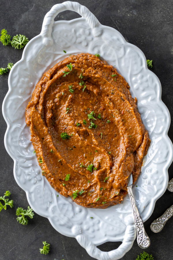 Eggplant Pepper Dip on a platter.