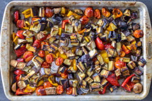 Roasted veggies on a baking sheet.