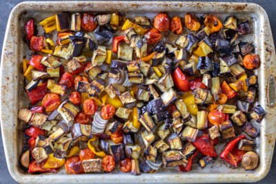 Roasted veggies on a baking sheet.