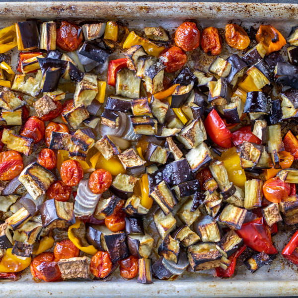 Roasted veggies on a baking sheet.