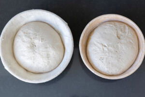 High Hydration Sourdough Bread in a bread basket.