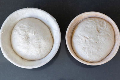 High Hydration Sourdough Bread in a bread basket.